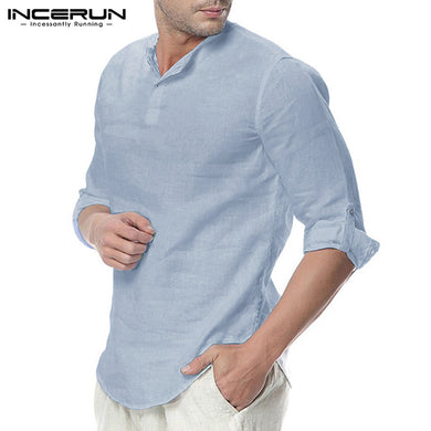 Men Shirt Long Sleeve Cotton Solid