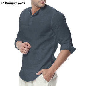 Men Shirt Long Sleeve Cotton Solid