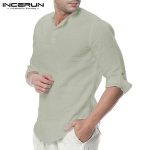 Men Shirt Long Sleeve Cotton Solid