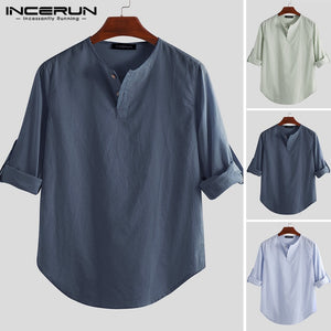 Men Shirt Long Sleeve Cotton Solid