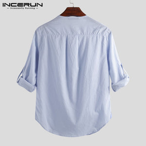 Men Shirt Long Sleeve Cotton Solid