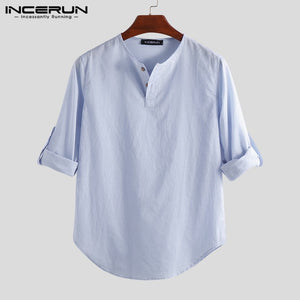 Men Shirt Long Sleeve Cotton Solid