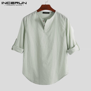 Men Shirt Long Sleeve Cotton Solid