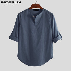 Men Shirt Long Sleeve Cotton Solid