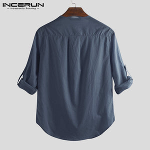 Men Shirt Long Sleeve Cotton Solid