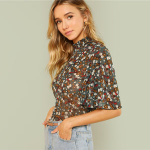 Multicolor Floral Sheer Frill Blouse