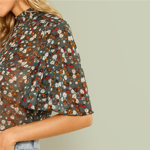 Multicolor Floral Sheer Frill Blouse