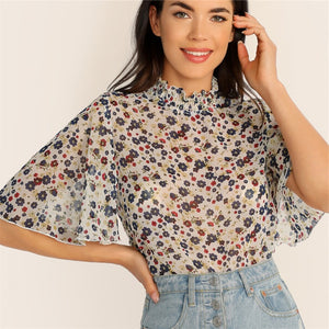 Multicolor Floral Sheer Frill Blouse