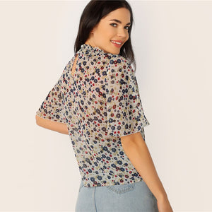 Multicolor Floral Sheer Frill Blouse