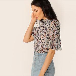 Multicolor Floral Sheer Frill Blouse