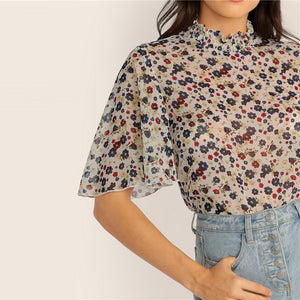 Multicolor Floral Sheer Frill Blouse