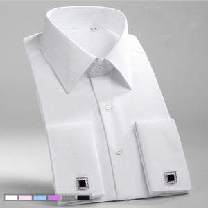 French Cuff Mens Formal Business Dress Shirt Solid Twill Men Party Wedding Tuxedo Shirts with Cufflinks Chest Pocket