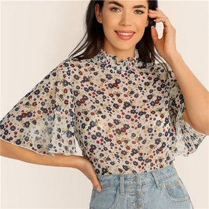 Multicolor Floral Sheer Frill Blouse